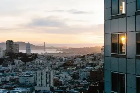 The San Francisco city skyline is seen from The Four Seasons Hotel San Francisco At Embarcadero.